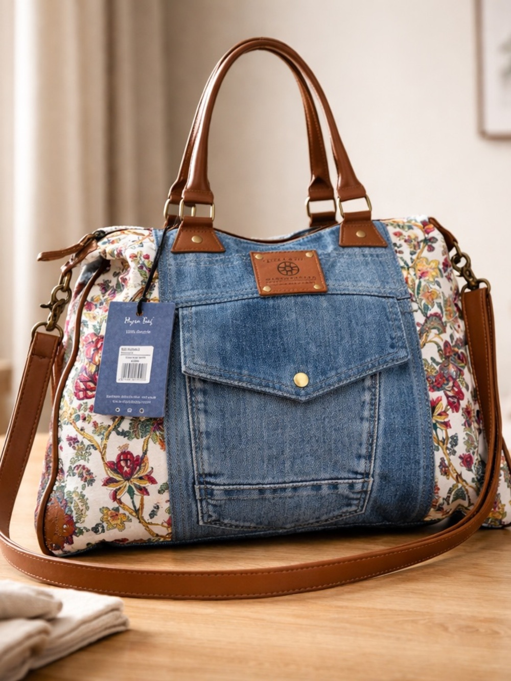 Myra - Western Denim Floral Tote Bag Boho Cowgirl Purse Vintage 90s Style - Picture 2 of 15